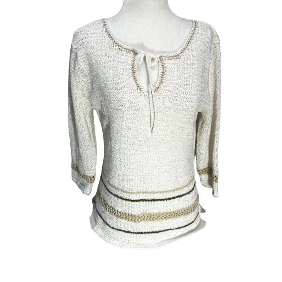 vintage 90's Nomi🎀Cotton Blend Beige Boho Sweater Tie Neckline Size M - Picture 2 of 8